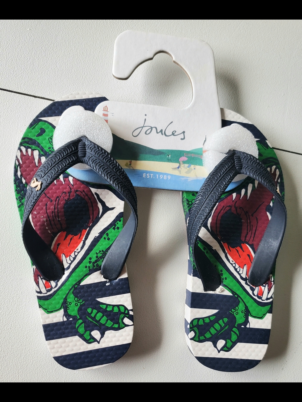 Joules Kids Navy, Green & Red Dino Stripe Flip Flops